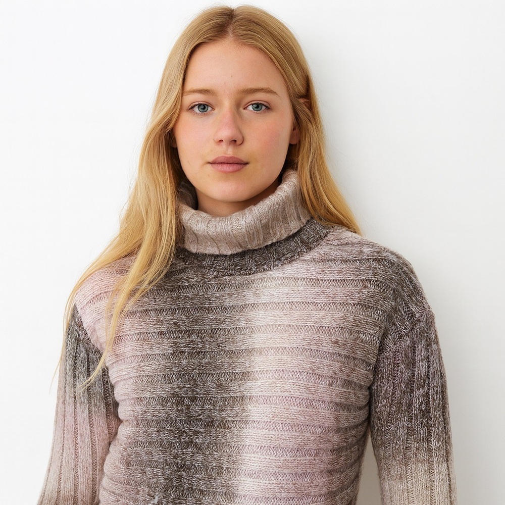 Olivia Sky Light Pink Brown Ombre Chunky Knit Ribbed Turtleneck Sweater